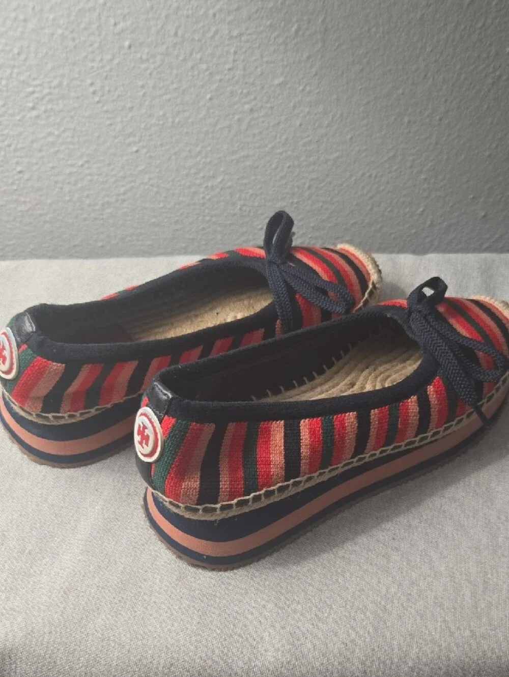 Tory Burch Striped Canvas Espadrilles in Coral, Navy & Green, 7